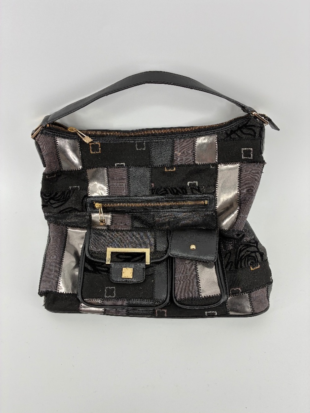 Vintage Liz Claiborne Patchwork Black and Silver Women’s Shoulder Bag